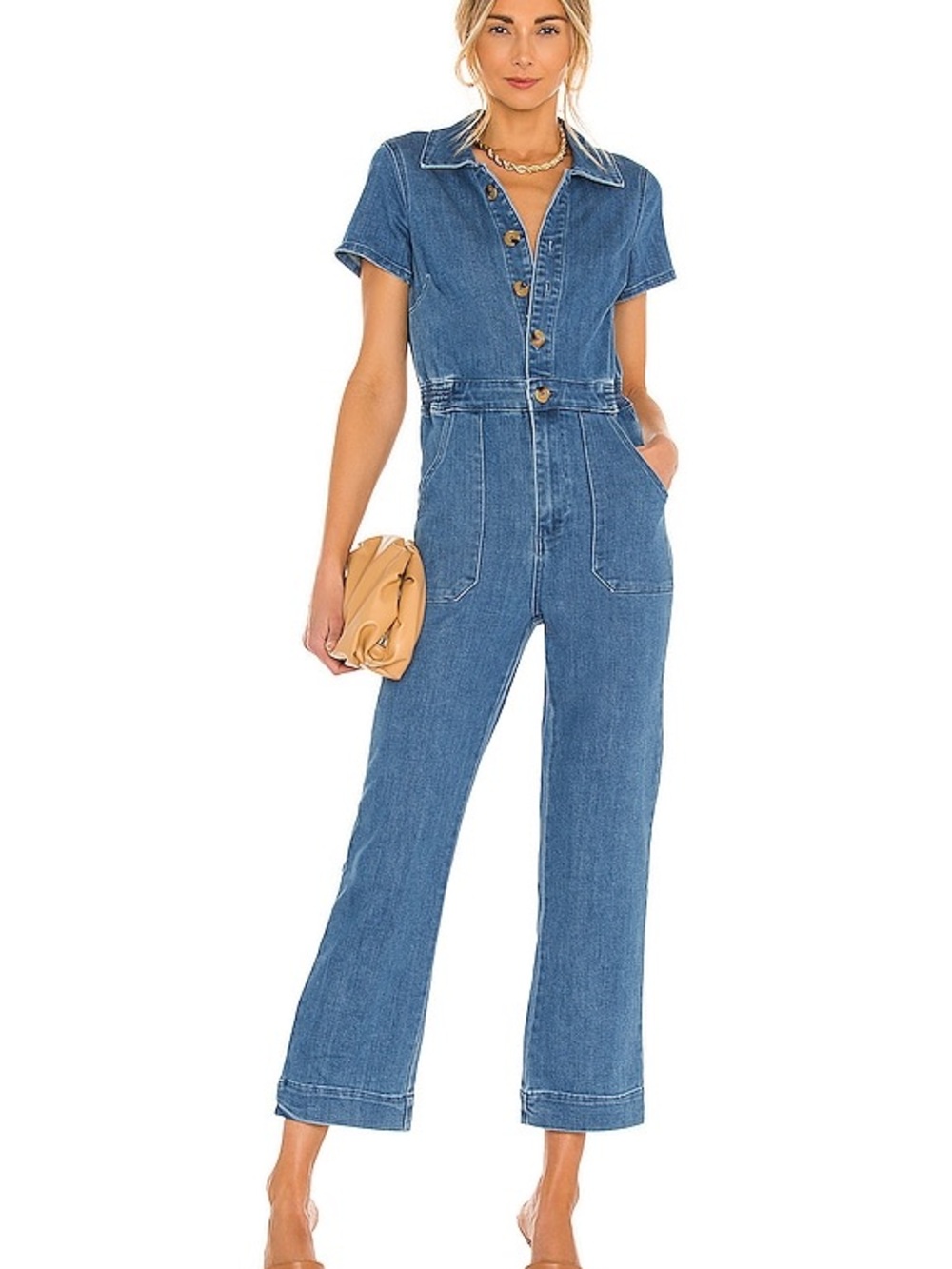 Show Me Your MuMu Blue Denim Short-Sleeve Button Jumpsuit